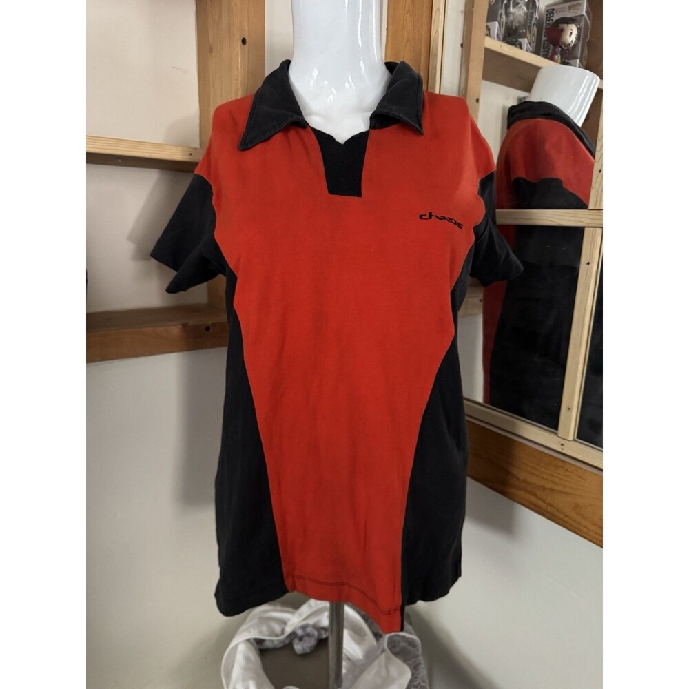 Chaos Trend Velour Polo Shirt Red Black Colorblock Retro Y2K Women’s Large